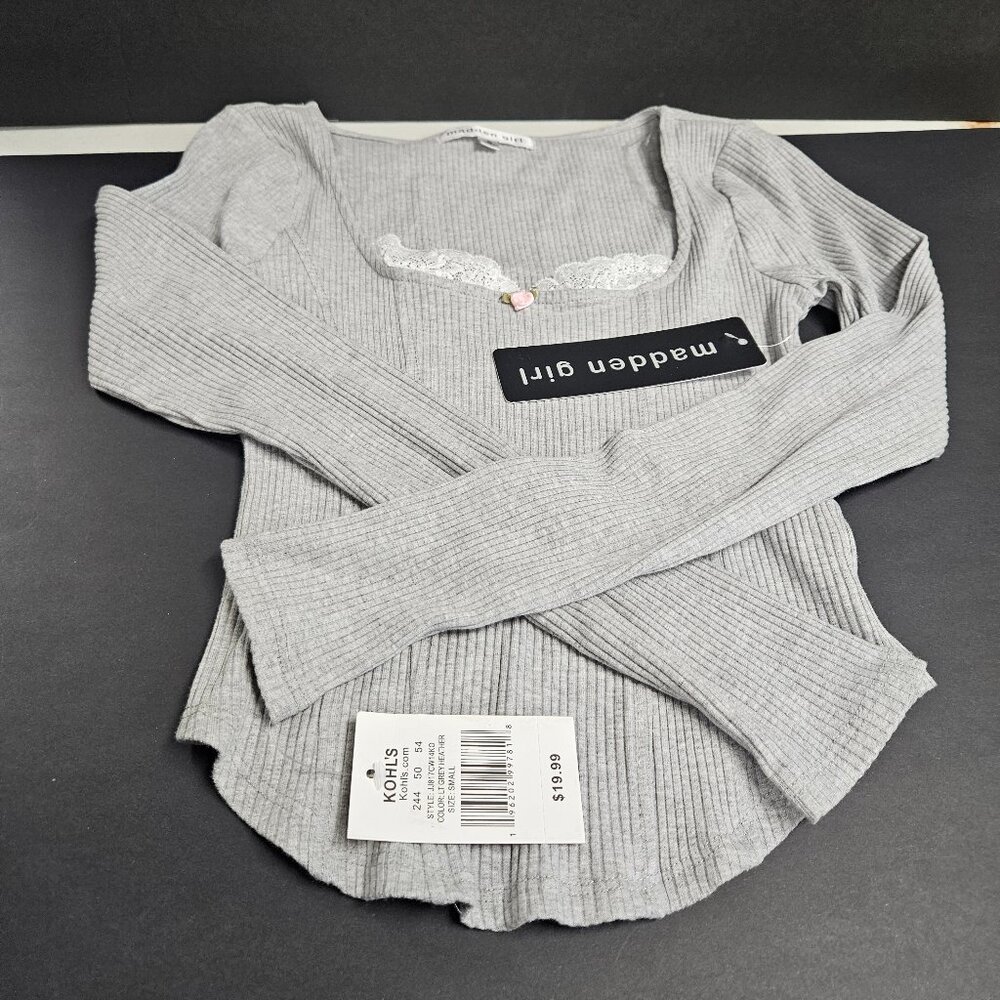 Madden Girl S Grey Ribbed long sleeve shirt with scoop neck, lacy edge